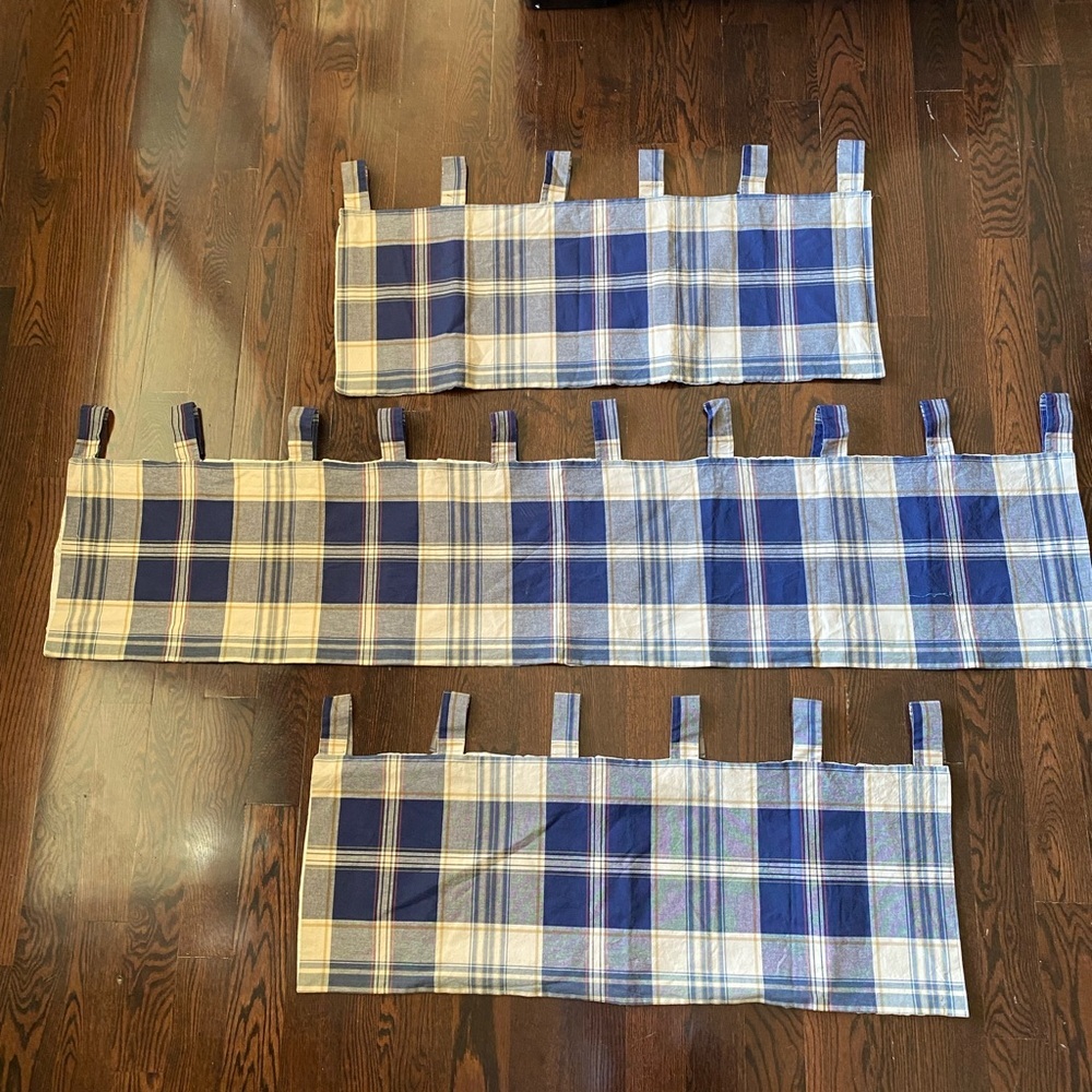 3 Vintage Tab Top Window Valances Denim 100% Cotton Blue white Country Life